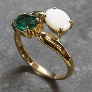 Gold Bypass Ring, Natural Opal Ring, Created Emerald, Gold Plated Ring, October Birthstone, Two Stone Ring, Asymmetric Ring, Vermeil Ring image 3