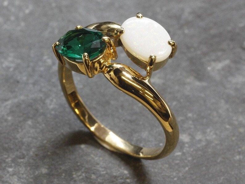 Gold Bypass Ring, Natural Opal Ring, Created Emerald, Gold Plated Ring, October Birthstone, Two Stone Ring, Asymmetric Ring, Vermeil Ring image 3