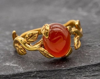 Gold Carnelian Ring, Natural Carnelian, Gold Flower Ring, Gold Branch Ring, Gold Rose Ring, Red Rose Ring, Carnelian Ring, Gold Plated Ring