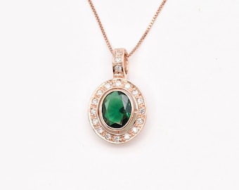 Emerald Victorian Necklace, Rose Gold Emerald Pendant, Vintage Necklace, May Birthstone, Halo Pendant, Created Emerald, Gold By Adina