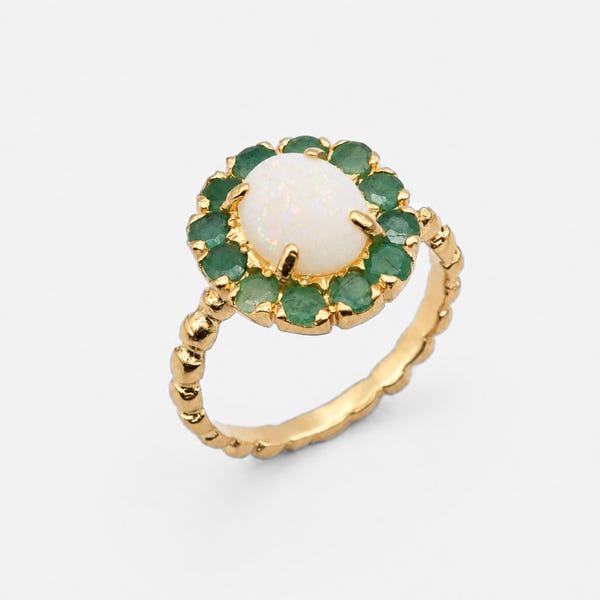 Gold Emerald Ring, Victorian Opal Ring, Natural Opal, Real Emerald, Birthstone Ring, Gold Vintage Ring, Opal Engagement Ring, Gold Vermeil