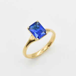 Gold Sapphire Ring, Created Sapphire, Radiant Ring, Blue Square Ring, Dainty Vintage Ring, Promise Ring, 2 Carat Engagement Ring, Vermeil