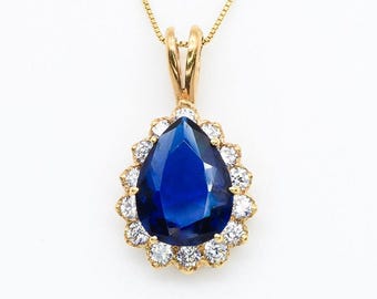 Gouden saffierhanger, gemaakte saffier, traanhanger, koningsblauwe hanger, Kate Middleton-hanger, blauwe saffierhanger, goudvermeil