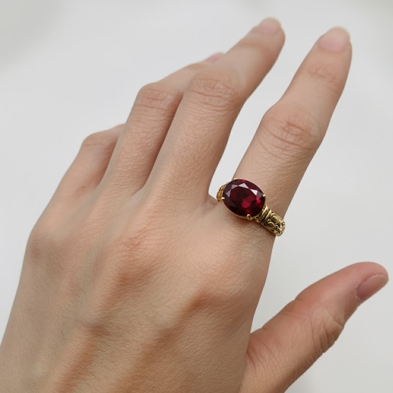 Gold Ruby Ring, Created Ruby, Red Boho Ring, Horizontal Ring, Gold Tribal Ring, Vintage Ring, Solitaire Ring, Gold Plated Ring, Gold Vermeil