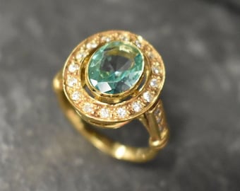 Aquamarine Ring, Created Aquamarine, Gold Victorian Ring, Gold Vintage Ring, Blue Diamond Ring, Victorian Ring, Vintage Ring, Silver Ring