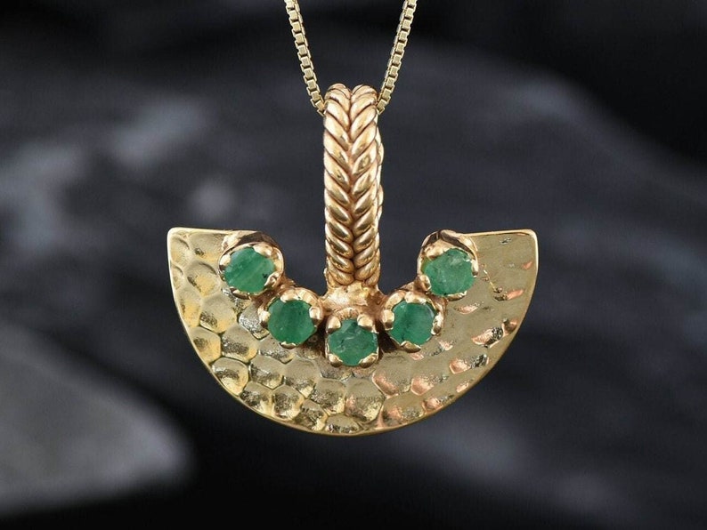 Gold Emerald Pendant, Natural Emerald Necklace, Crescent Pendant, Egyptian Pendant, Antient Pendant, Tribal Pendant, Gold Vermeil Necklace image 3