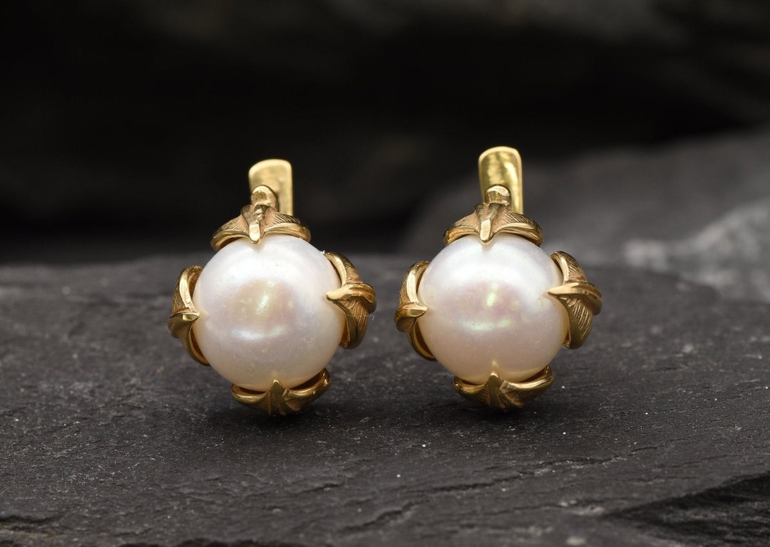 Gold Pearl Earrings, Natural Pearl, Leaf Earrings, Christmas Gift for