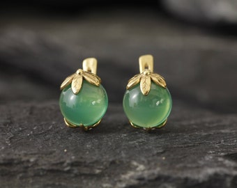 Gold Emerald Earrings, Created Emerald, Green Leaf Earrings, Flower Studs, Stud Earrings, Gold Plated Earrings, Big Studs, Vermeil Earrings