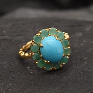 Gold Turquoise Ring, Victorian Ring, Natural Turquoise, Gold Flower Ring, Antique Ring, Turquoise Ring, 3 Carat Ring, Emerald Ring, Vermeil