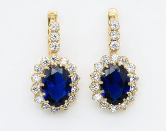Pendientes de zafiro azul, pendientes azul rey, pendientes estilo princesa Diana, pendientes de novia, pendientes azules, pendientes de zafiro, pendientes de oro