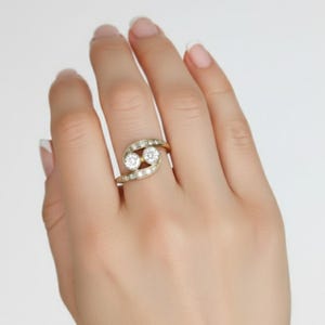 Gold Diamond Ring, Created Diamond, 2 Stone Ring, Dainty Gold Ring, Vintage Ring, Asymmetric Ring, Sparkly Ring, Solid Silver Ring, CZ Ring