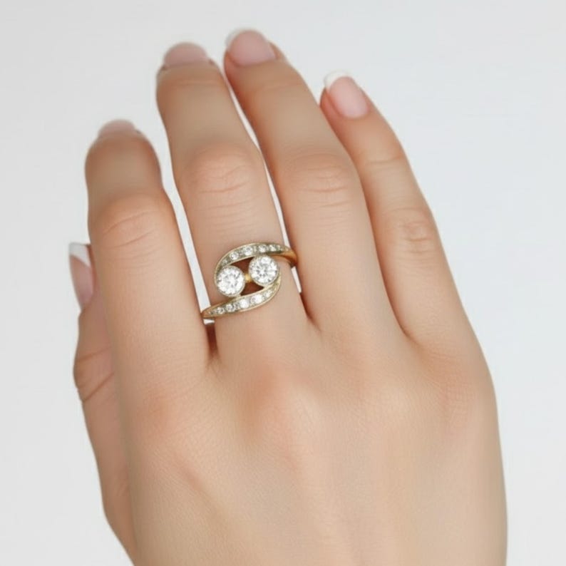 Gold Diamond Ring, Created Diamond, 2 Stone Ring, Dainty Gold Ring, Vintage Ring, Asymmetric Ring, Sparkly Ring, Solid Silver Ring, CZ Ring
