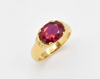 Gold Ruby Ring, Antique Ring, Created Ruby, Gold Plated Ring, 3 Carat Solitaire, Horizontal Ring, Anniversary Ring, Vintage Ring, Vermeil