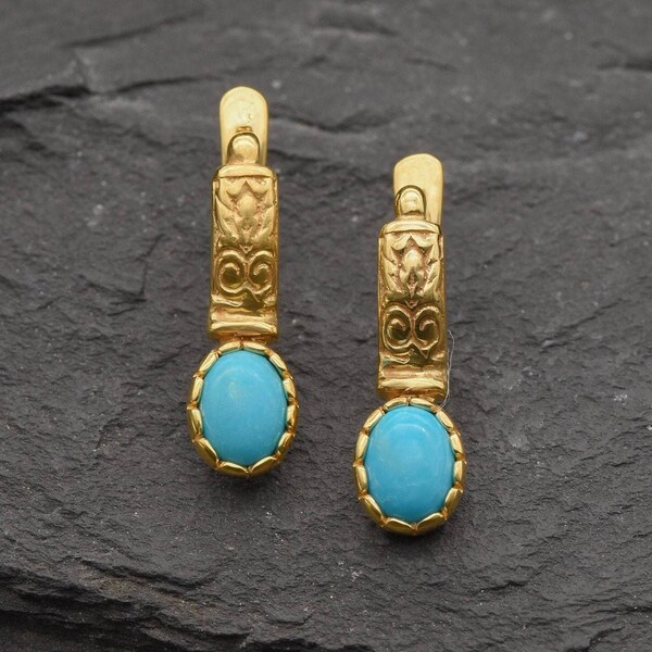 Gold Turquoise Earrings, Natural Turquoise, December Birthstone, Gold Tribal Earrings, Vintage Earrings, Blue Earrings, Gold Plated Earrings