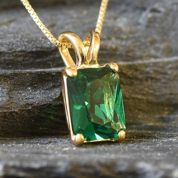 Gold Emerald Pendant, Created Emerald, Emerald Cut Pendant, Princess Cut Pendant, Solitaire Pendant, Emerald Pendant, Gold Vermeil Pendant