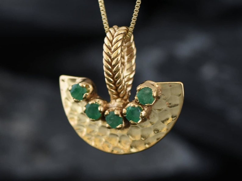 Gold Emerald Pendant, Natural Emerald Necklace, Crescent Pendant, Egyptian Pendant, Antient Pendant, Tribal Pendant, Gold Vermeil Necklace image 8