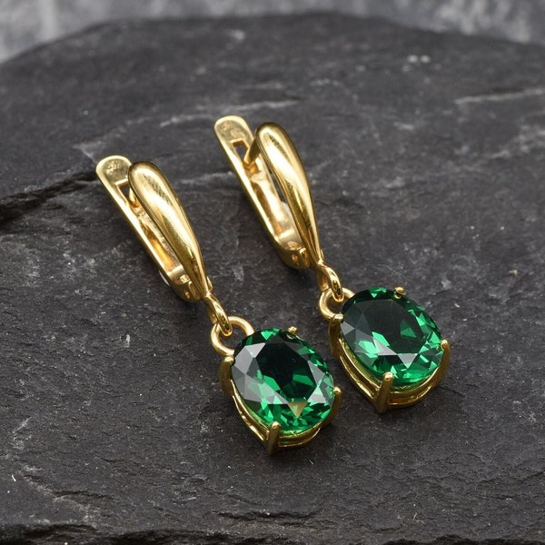 Gold Emerald Earrings, Created Emerald, Dangling Earrings, Emerald Earrings, Long Green Earrings, Drop Earrings, Gold Plated Earrings