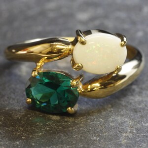 Gold Bypass Ring, Natural Opal Ring, Created Emerald, Gold Plated Ring, October Birthstone, Two Stone Ring, Asymmetric Ring, Vermeil Ring image 9