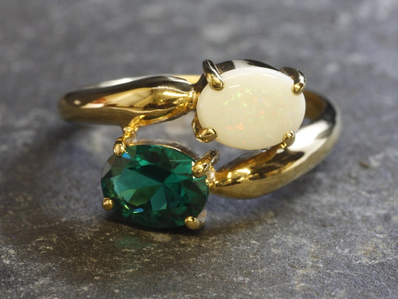 Gold Bypass Ring, Natural Opal Ring, Created Emerald, Gold Plated Ring, October Birthstone, Two Stone Ring, Asymmetric Ring, Vermeil Ring image 9