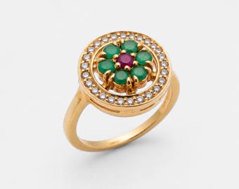 Anillo de esmeralda, anillo de esmeralda natural, piedra de nacimiento de mayo, anillo de flor de oro, anillo vintage de oro, anillo de flor, anillo chapado en oro de 14 quilates, anillo redondo de oro