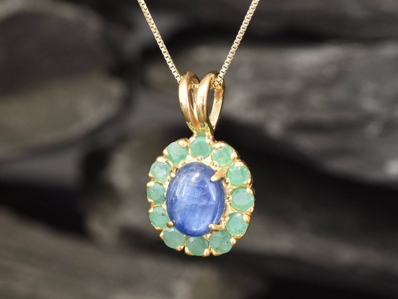 Kyanite Pendant, Gold Victorian Pendant, Gold Kyanite Pendant, Natural Kyanite, Natural Emerald, May Birthstone, Kyanite Necklace, 18K Gold image 3