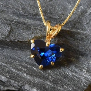 Gold Sapphire Pendant, Created Sapphire, Sapphire Pendant, Gold Heart Pendant, Love Necklace, Anniversary Gift, Heart Pendant, Gold Vermeil