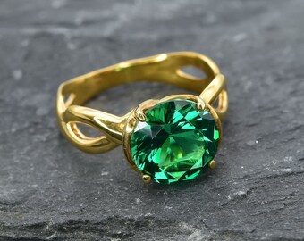 Gold Emerald Ring, Solitaire Engagement Ring, Round Emerald Ring, Gold Statement Ring, 4 Prong Ring, Classic Solitaire Ring,18k Gold Vermeil