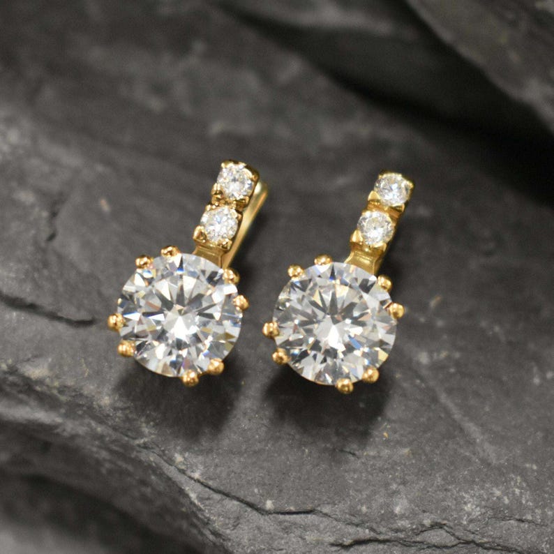 Gold CZ Earrings, Diamond Earrings, 2 carat Diamond, Created Diamond, Bridal Diamond Earrings, Bridal Earrings, CZ Diamonds, Solid Silver image 9