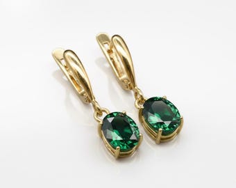 Pendientes de oro y esmeralda, esmeralda sintética, pendientes colgantes, pendientes de esmeralda, pendientes largos verdes, pendientes colgantes, pendientes chapados en oro