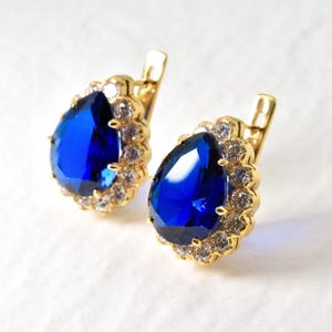 Gold Sapphire Earrings, Created Sapphire, Princess Diana Earrings, Blue Teardrop Earrings, Large Statement Earrings, For Her, Gold By Adina