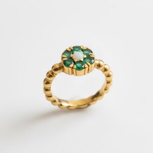 Gold Flower Ring, Natural Emerald Ring, Opal Ring, Green Daisy Ring, Gold Plated Ring, May Birthstone, Vintage Ring, Dainty Flower Ring