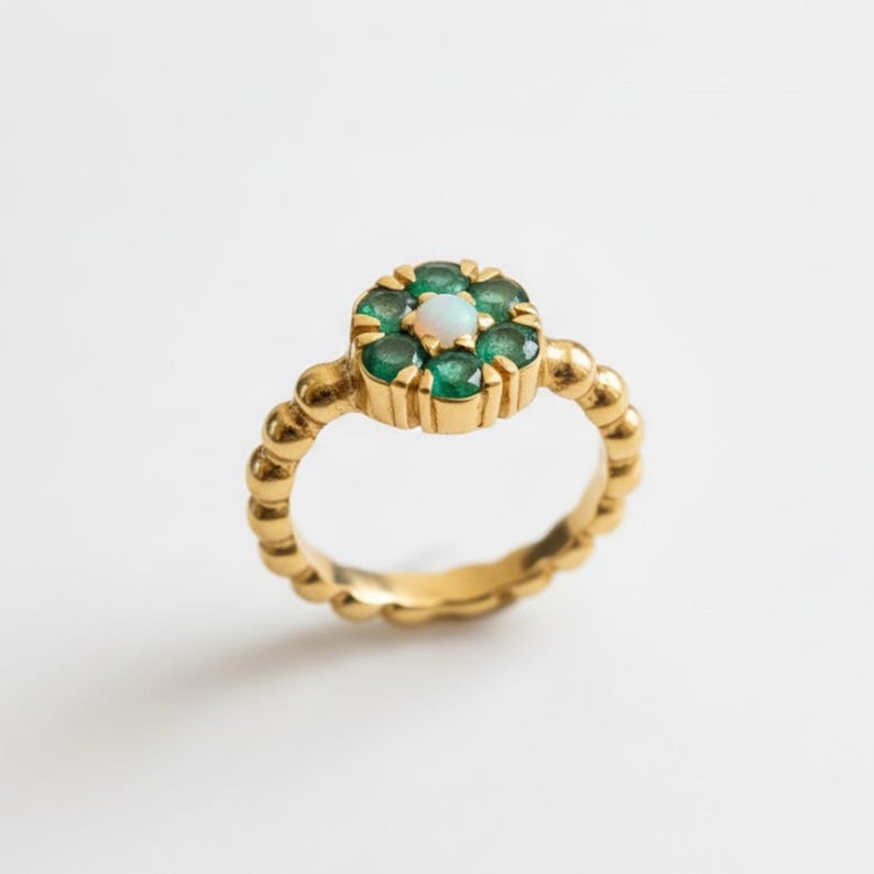 Gold Flower Ring, Natural Emerald Ring, Opal Ring, Green Daisy Ring, Gold Plated Ring, May Birthstone, Vintage Ring, Dainty Flower Ring