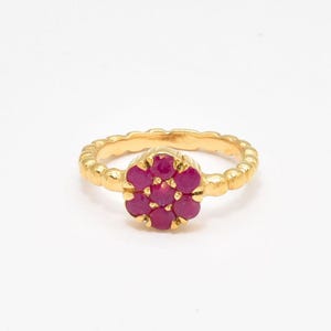 Gold Ruby Ring, Natural Ruby, Red Flower Ring, Daisy Ring, July Birthstone, Stackable Ring, Dainty Bubble Band, Gold Plated Ring, Vermeil