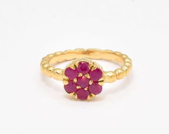 Gold Ruby Ring, Natural Ruby, Red Flower Ring, Daisy Ring, July Birthstone, Stackable Ring, Dainty Bubble Band, Gold Plated Ring, Vermeil