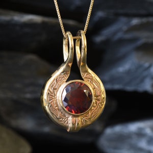 Gold Ruby Pendant, Created Ruby, Egyptian Pendant, Red Round Pendant, Gold Plated Pendant, Tribal Necklace, Vintage Pendant, Gold Vermeil