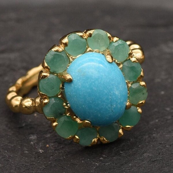 Gold Turquoise Ring, Victorian Ring, Natural Turquoise, Gold Flower Ring, Antique Ring, Turquoise Ring, 3 Carat Ring, Emerald Ring, Vermeil