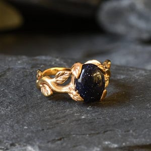 Gold Sandstone Ring, Gold Leaf Ring, Natural Sandstone, Gold Vintage Ring, Flower Ring, Blue Sandstone Ring, Galaxy Ring, Gold Vermeil Ring