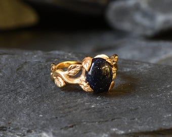 Gold Sandstone Ring, Gold Leaf Ring, Natural Sandstone, Gold Vintage Ring, Flower Ring, Blue Sandstone Ring, Galaxy Ring, Gold Vermeil Ring