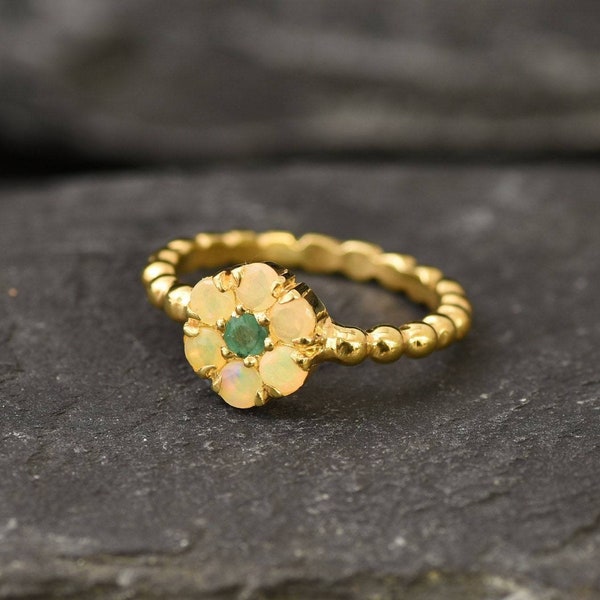 Gold Flower Ring, Fire Opal Ring, Gold Plated Ring, Daisy Ring, Natural Opal, October Birthstone, Dainty Ring, Stackable Ring, Vermeil Ring