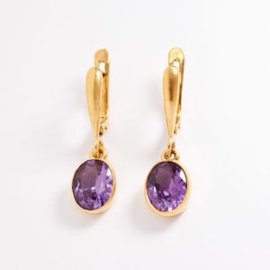 Gold Dangling Amethyst Earrings, Natural Amethyst, February Birthstone Earrings, Purple Drop Earrings, Oval Bezel Earrings, Gold By Adina