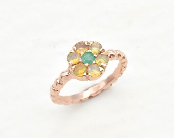 Rose Gold Opal Ring, Natural Opal, Emerald Flower Ring, Opal Bubble Ring, Dainty Flower Ring, October Birthstone Gift, Gold By Adina