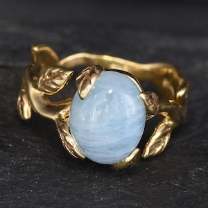 Gold Aquamarin Ring, natürlicher Aquamarin, Vintage Ring, Blattgold Ring, März Geburtsstein, Gold Antik Ring, Vergoldeter Ring, Vorschlag Ring