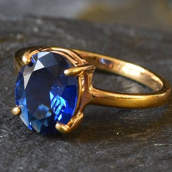 Gold-Saphir-Ring, künstlicher Saphir, Verlobungsring, vergoldeter Ring, 3 Karat Solitär, Verlobungsring, Antragsring, Gold-Vermeil-Ring