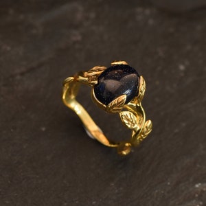 Gold Sandstein Ring, Blattgold Ring, natürlicher Sandstein, Gold Vintage Ring, Blumenring, Blauer Sandstein Ring, Galaxy Ring, Gold Vermeil Ring Bild 10