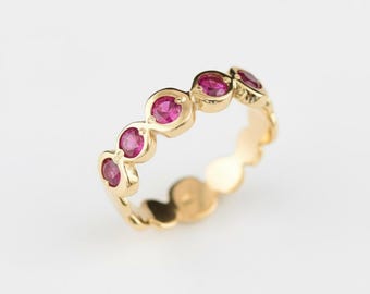 Gold Ruby Ring, Created Ruby, Gold Bubble Band, Ruby Vintage Ring, Red Boho Ring, Gold Plated Ring, Pink Ruby Ring, Bohemian Band, Vermeil
