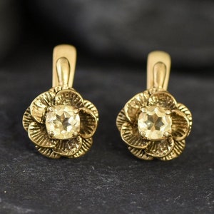 Pendientes de citrino dorado, citrino natural, pendientes de flores doradas, piedra natal de noviembre, pendientes de flores amarillas, pendientes de naturaleza dorada, pendientes de rosa