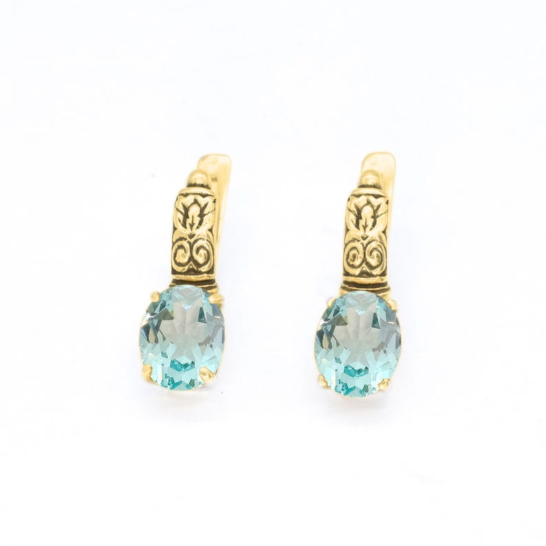 Gold Aqua Ohrringe, Stammes Ohrringe, Aquamarin Ohrringe, erstellt Aquamarin, Hellblau Ohrringe, 18K Vermeil Ohrringe, Blaustein Ohrringe Bild 1