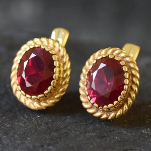 Gold Ruby Earrings, Created Ruby, Vintage Earrings, Gold Plated Earrings, Red Ruby Studs, Red Oval Earrings, 6 Carat Earrings, Gold Vermeil
