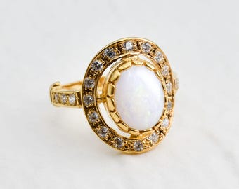 Natural Australian Opal Halo Ring, Oval White Gemstone, Gold Vintage Style Engagement Jewelry, October Birthstone Gift