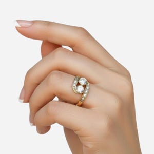 Gold Diamond Ring, Created Diamond, 2 Stone Ring, Dainty Gold Ring, Vintage Ring, Asymmetric Ring, Sparkly Ring, Solid Silver Ring, CZ Ring
